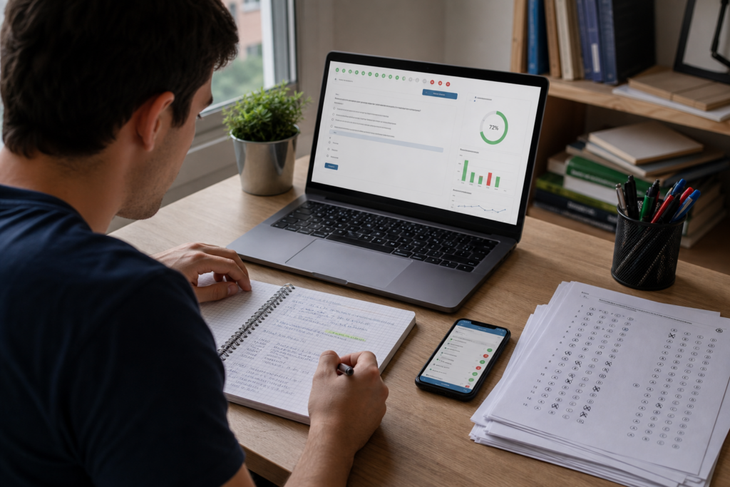 Opositor realizando test personalizados con estadísticas en portátil, móvil y cuaderno de estudio